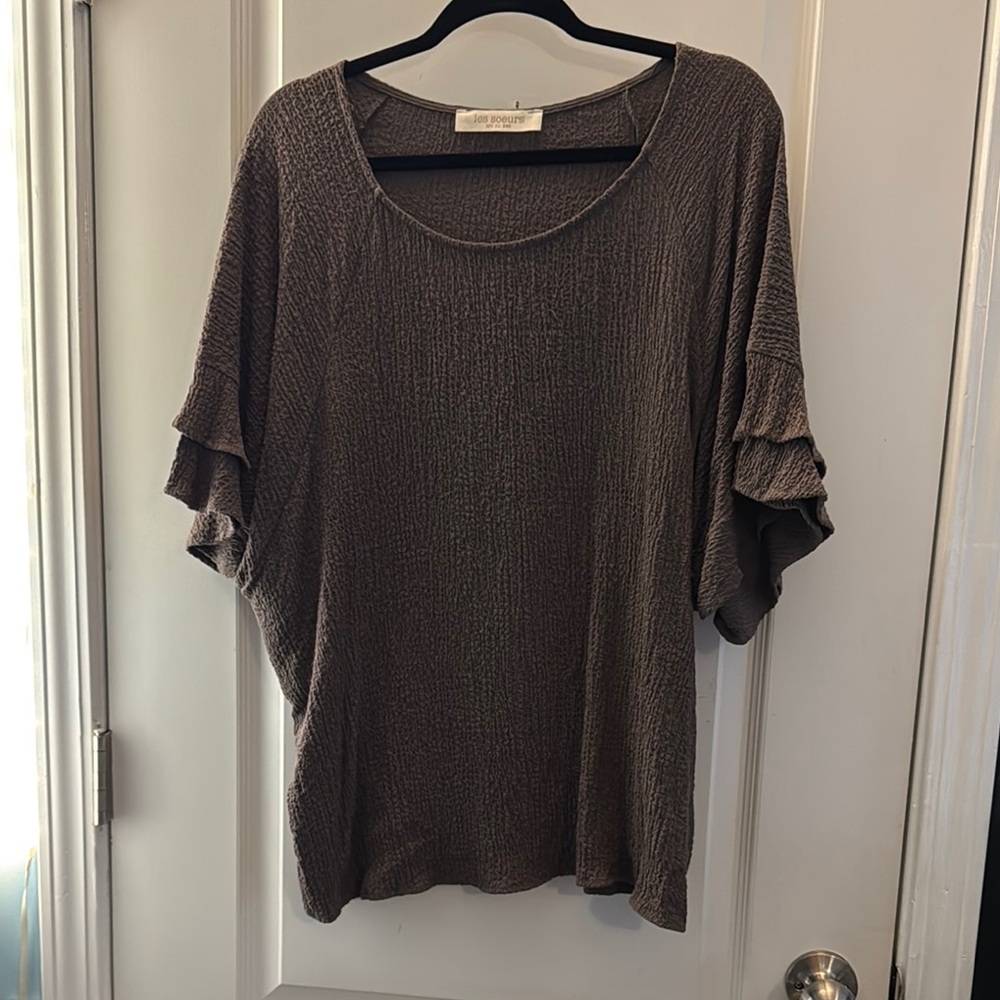Gray and Brown Flutter Sleeve Ruffled Blouse